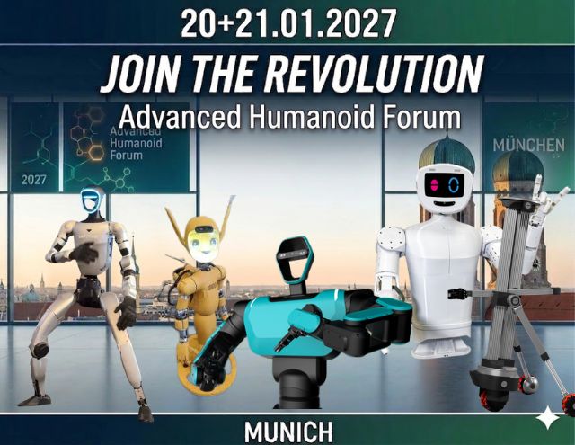 Advanced Humanoid Forum 2027 key visual — industrial humanoid robots on a factory floor